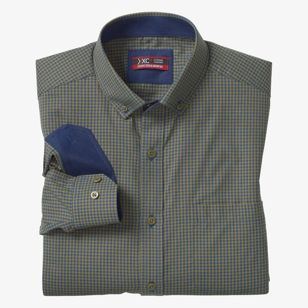 Johnston & Murphy Olive/Navy Stretch Performance Long Sleeve Button Up Shirt - Picture 1 of 1